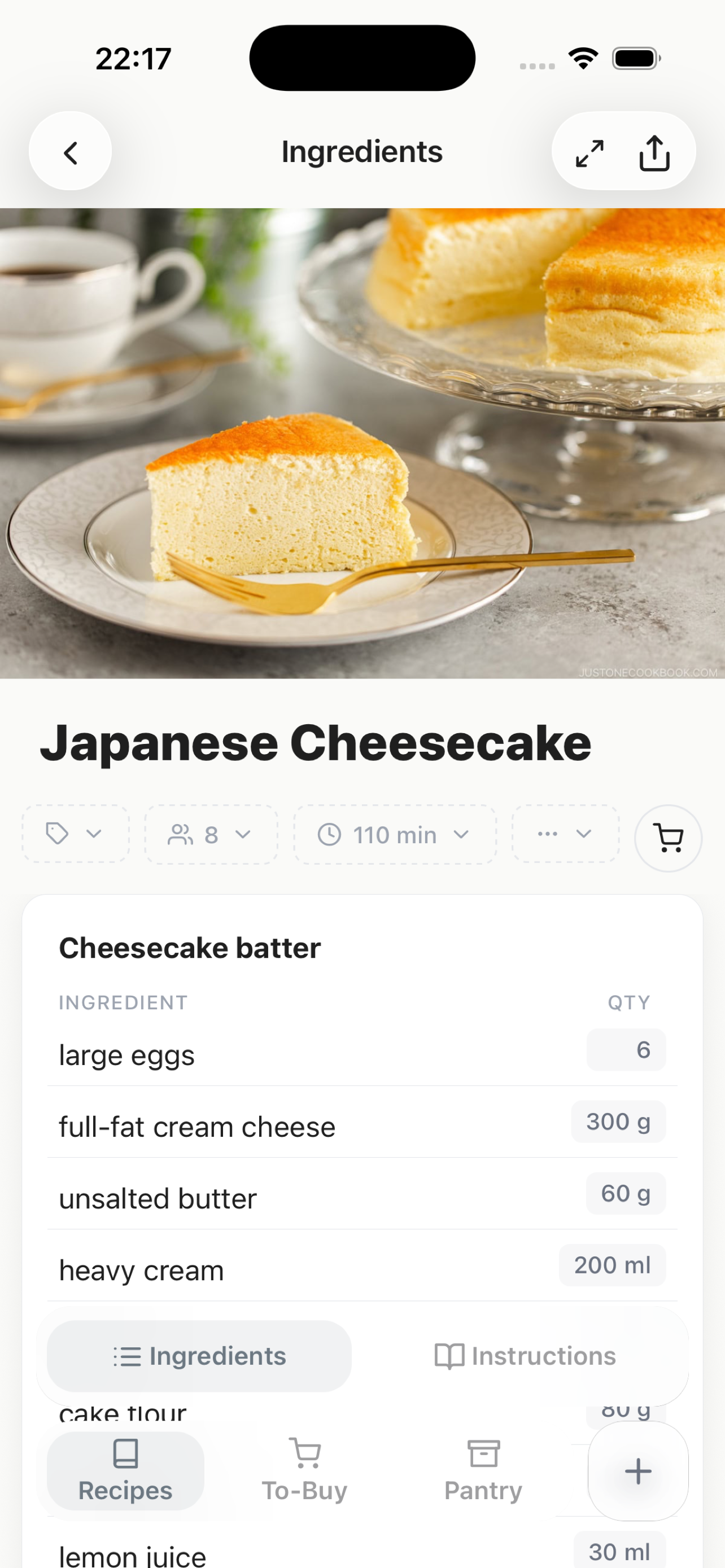 CookNotes recipe screen with ingredients and image