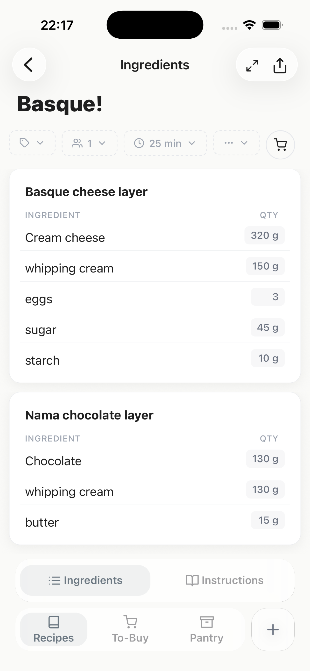 CookNotes saved recipe ingredients screen