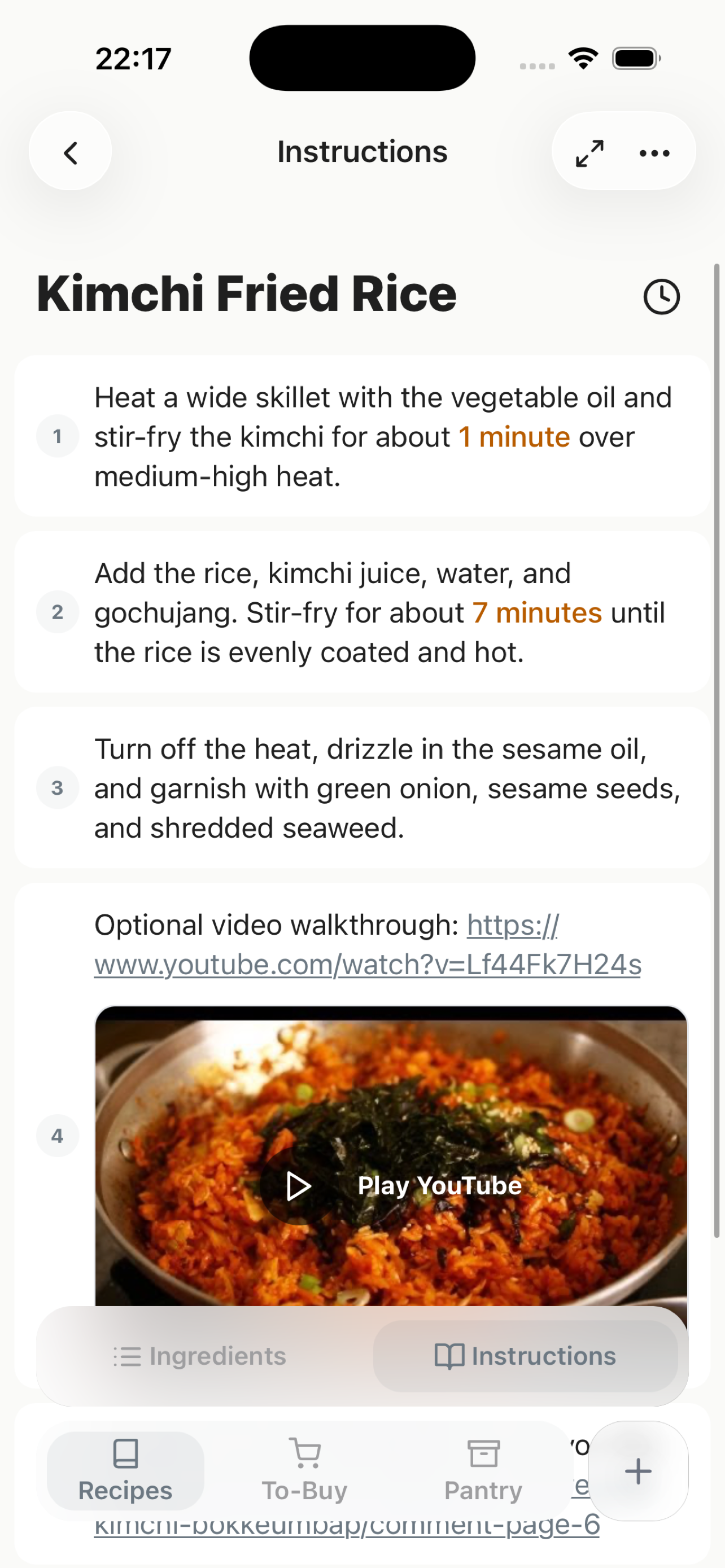 CookNotes instruction tab screen
