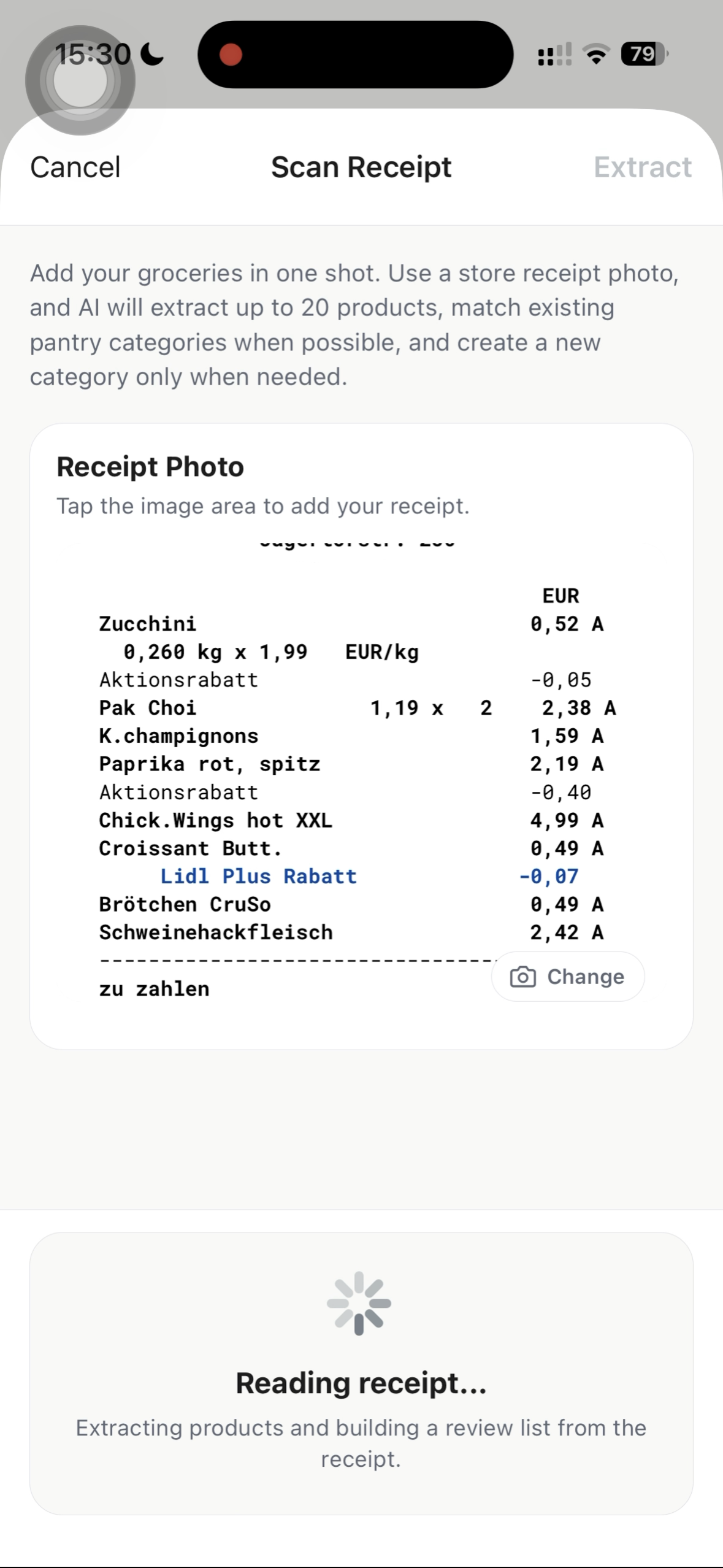 CookNotes receipt scan screen for pantry items