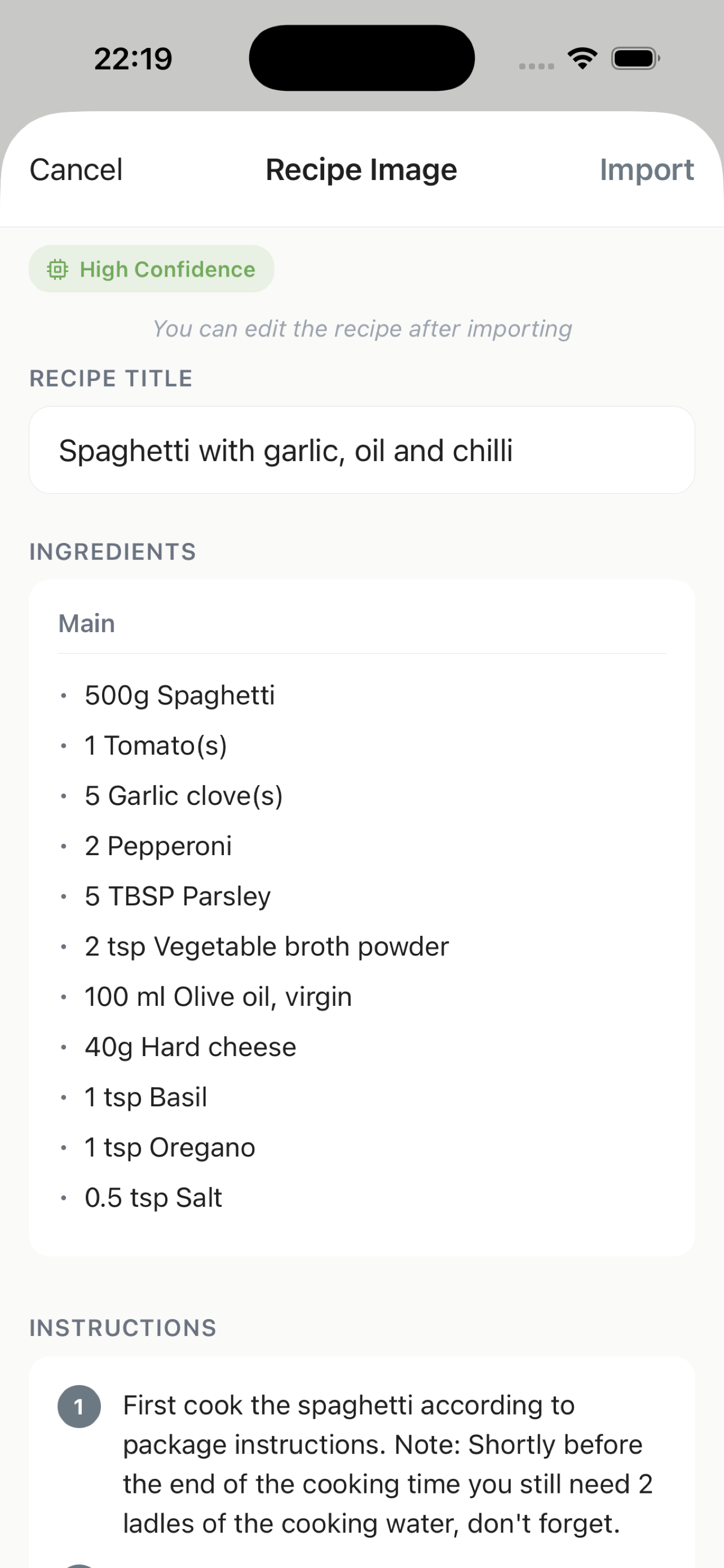 CookNotes smart import screen