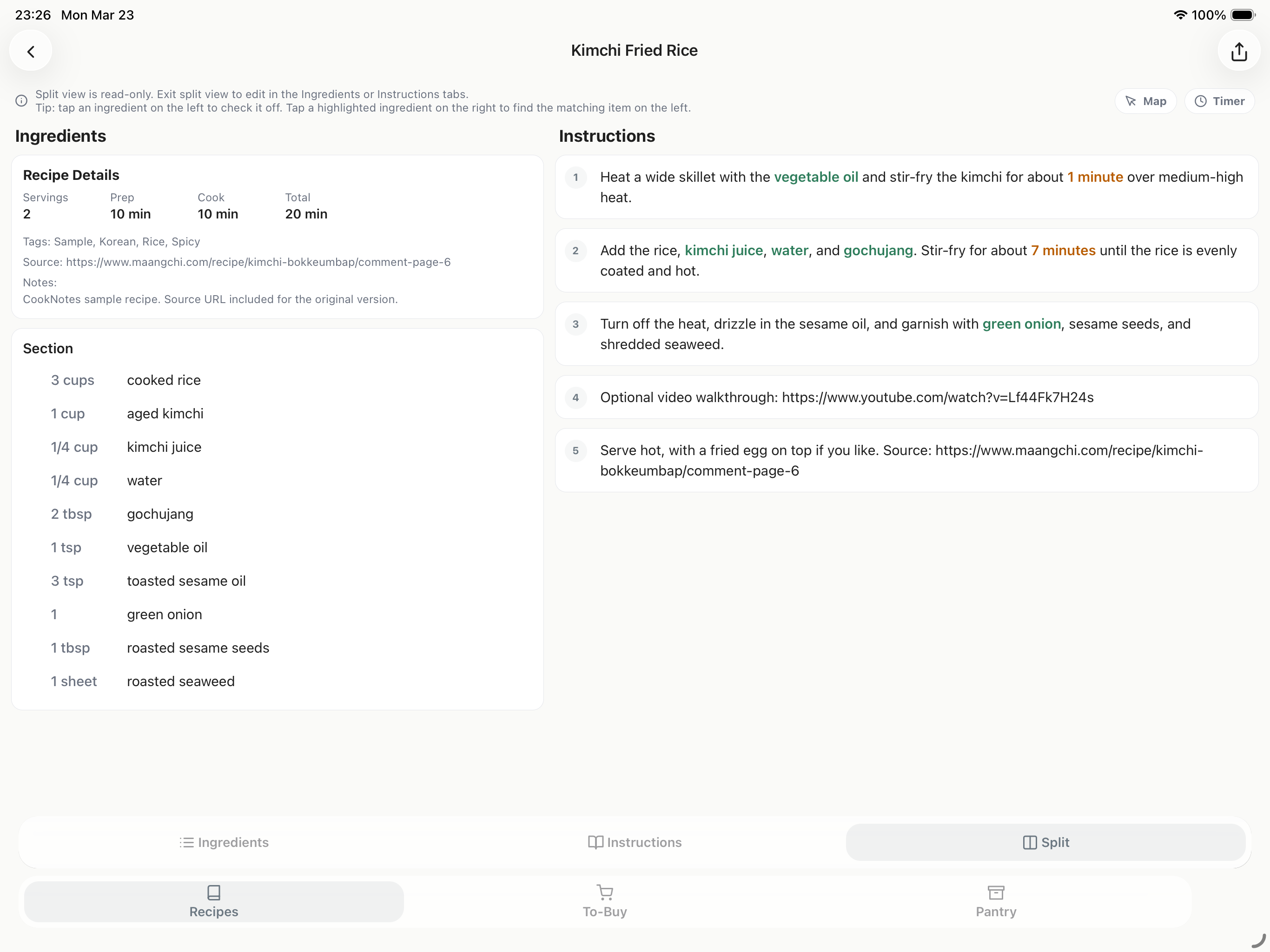 CookNotes split view on iPad